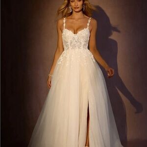 Azazie White and Champagne Embellished Tiered Gown for Weddings